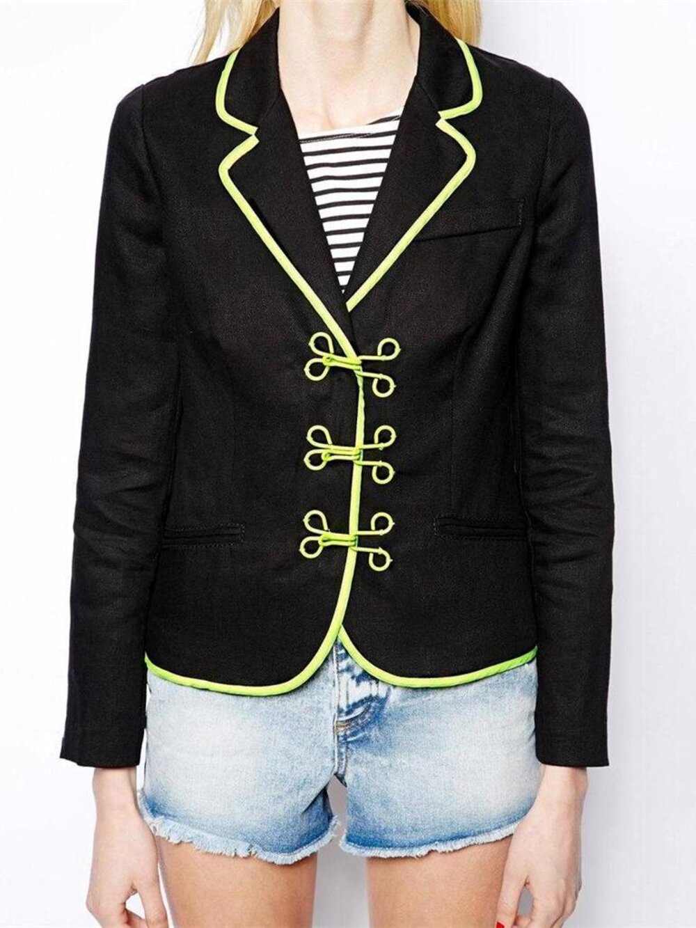 Love Moschino Long Sleeve Blazer BLACK neon piping yellow Military Linen Jacket